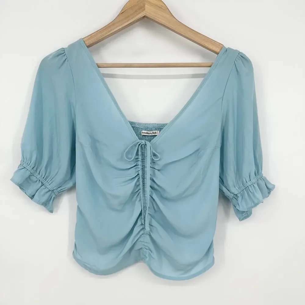 Abercrombie & Fitch Cinch Front Puff Sleeve Top V-Neck Ruffle Smocked Blouse